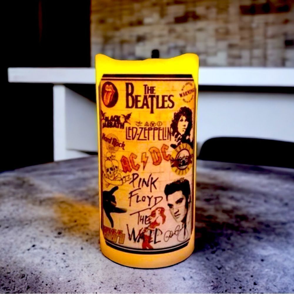 *30off3* NWOT. Evolution of Music Bands Flameless Candle w Timer, Beatles.